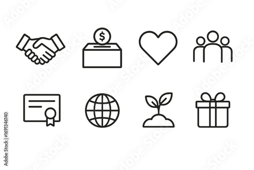Charity Icon Set. Outline icon set of charitable foundation activities: handshake, donation box, heart, community group,