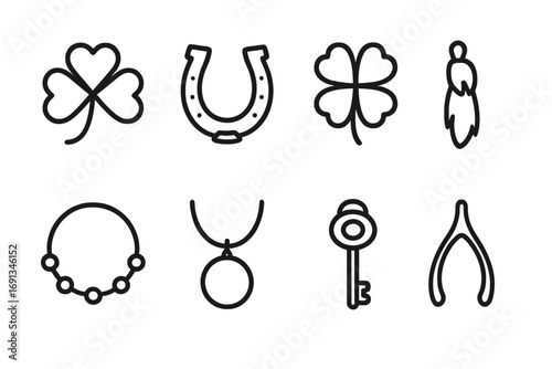 Charm Accessories Icons. Outline icon set of charm accessories: lucky clover, horseshoe, four-leaf clover, rabbit’s foot, charm