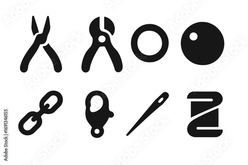 Charm Crafting Icons. Solid, filled icon set of charm crafting tools: pliers, wire cutter, jump ring, bead, chain, clasp, needle,