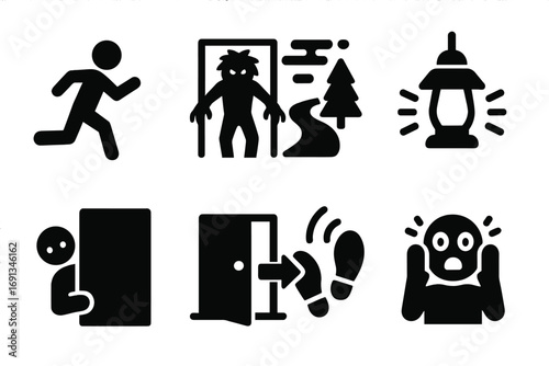 Chase Scenario Icons. Solid, filled icon set of chase scenarios: running silhouette, creepy shadow, foggy path, flickering lamp,