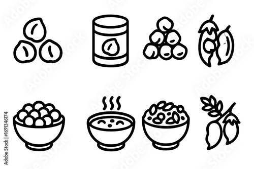 Chickpea Icon Grid. Solid, filled icon set of chickpea types: white chickpeas, canned chickpeas, dried chickpeas, fresh pods,