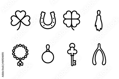 Charm Accessories Icons. Outline icon set of charm accessories: lucky clover, horseshoe, four-leaf clover, rabbit’s foot, charm