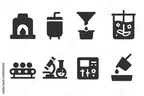 Cobalt Refining Icons. Solid, filled icon set of cobalt refining process: furnace, chemical vat, filtration system,