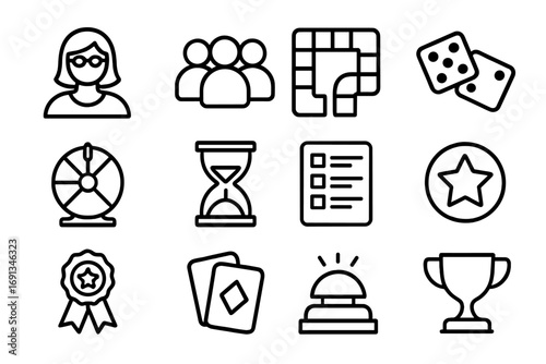 Classroom Game Icons. Outline icon set of classroom game toolkit: teacher avatar, student group, game board, dice, spinner, timer,