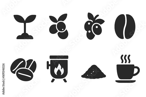 Coffee Life Cycle Icons. Solid, filled icon set of coffee plant life cycle: seedling, coffee cherry, ripening berry, coffee bean
