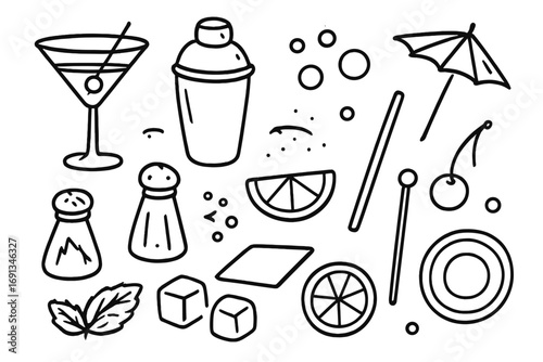 Cocktail Party Essentials. Hand-drawn doodle illustration cocktail party essentials cocktail glass, shaker, salt shaker, lime