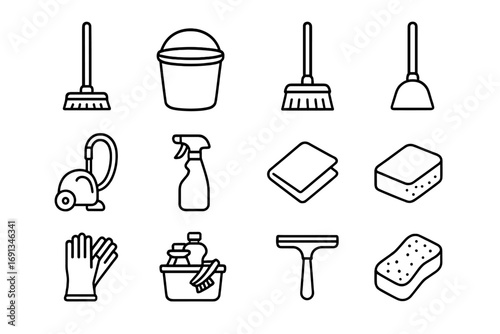 Cleaning Supplies Icons. Outline icon set of cleaning supplies station: mop, bucket, broom, dustpan, vacuum, spray bottle,