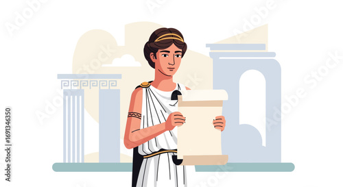 Ancient Greek scholar or philosopher holding a historical scroll.
