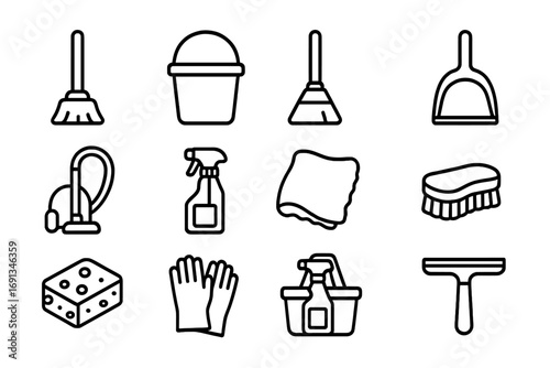 Cleaning Supplies Icons. Outline icon set of cleaning supplies station: mop, bucket, broom, dustpan, vacuum, spray bottle,