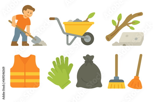 Cleanup Volunteers at Work. Flat vector mini-illustrations Debris clearing and road cleanup in colors children's illustrations:
