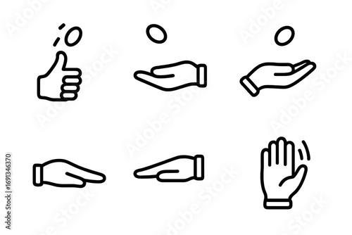 Coin Toss Gestures. Outline icon set of coin toss gestures: hand flick, hand catch, hand open, hand close, palm up, palm down,