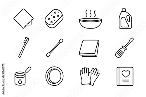 Cleaning Tools Icons. Outline icon set of cleaning and upkeep: microfiber cloth, sponge, warm water bowl, mild detergent bottle,