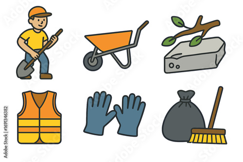 Cleanup Volunteers at Work. Flat vector mini-illustrations Debris clearing and road cleanup in colors children's illustrations: