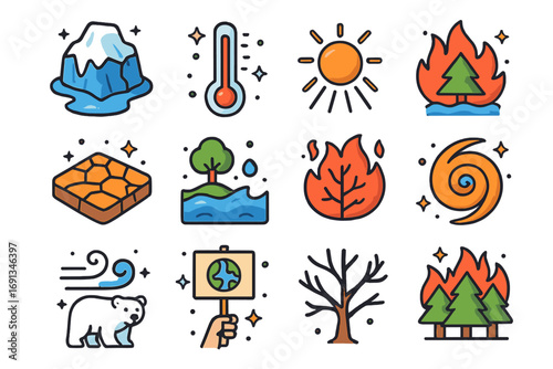 Climate Change Icons. Colorful isometric vector icons set of climate change from deforestation: melting ice cap, thermometer, sun