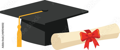 Black graduation cap with a gold tassel and a diploma scroll.