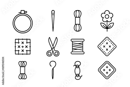 Embroidery Craft Icons. Outline icon set of embroidery crafts: embroidery hoop, needle, floss skein, stitched