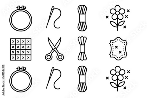Embroidery Craft Icons. Outline icon set of embroidery crafts: embroidery hoop, needle, floss skein, stitched