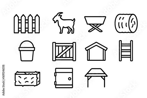 Goat Pen Icon Set. Outline icon set of goat pen: wooden fence, goat silhouette, feeding trough, hay bale,