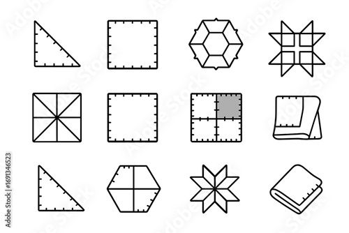 Patchwork Icon Set. Outline icon set of patchwork designs: fabric triangle, fabric square, hexagon patch, star