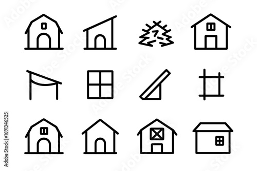 Goat Shelter Icons. Outline icon set of goat shelter: small barn, sloped roof, straw bedding, open doorway,