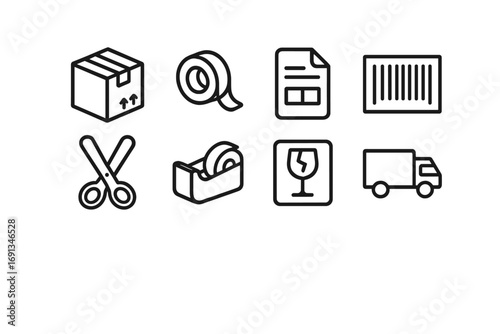 Shipping Icon Set. Outline icon set of small business shipping: cardboard box, packing tape, shipping label,