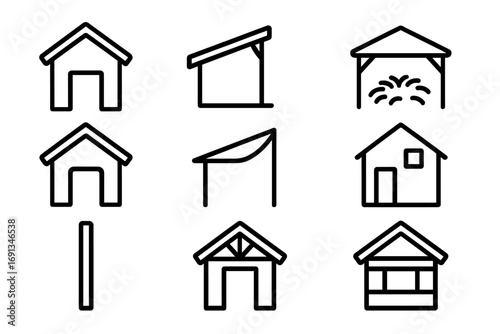 Goat Shelter Icons. Outline icon set of goat shelter: small barn, sloped roof, straw bedding, open doorway,