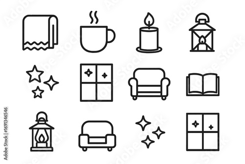 Cozy Evening Icons. Outline icon set of cozy evenings: blanket, hot drink, candle, lantern, book, stars,