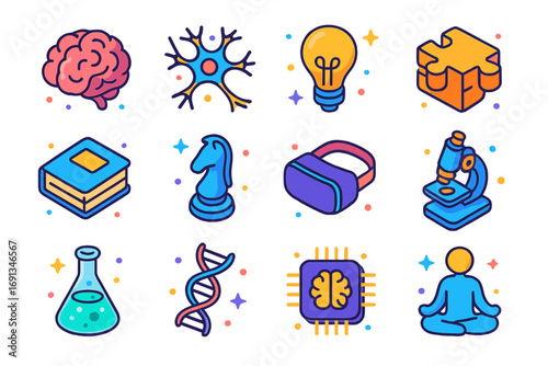Cognitive Enhancement Icons. Colorful isometric vector icons set of cognitive enhancement: brain icon, neuron connection, light