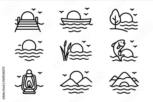 Lakeside Icon Grid. Outline icon set of lakeside sunsets: dock, rowboat, rippling water, tree, reeds, fish,