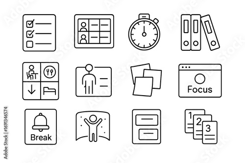 Cognitive Support Icons. Outline icon set of Cognitive & neurodiversity supports: task checklist card, visual schedule board,