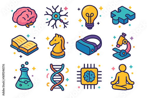 Cognitive Enhancement Icons. Colorful isometric vector icons set of cognitive enhancement: brain icon, neuron connection, light