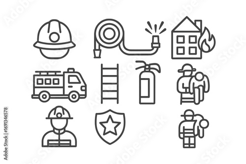 Firefighting Icon Set. Outline icon set of firefighters at the scene: firefighter helmet, fire hose, water