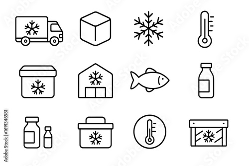 Cold Chain Icons. Outline icon set of cold chain logistics: refrigerated truck, ice cube icon, snowflake, thermometer, insulated