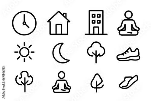 Work-Life Balance Icons. Outline icon set of work-life balance: clock, house, office building, yoga pose, sun,