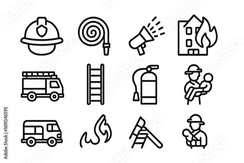 Firefighting Icon Set. Outline icon set of firefighters at the scene: firefighter helmet, fire hose, water