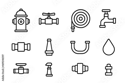 Fire Equipment Icons. Outline icon set of fire hydrants and hoses: hydrant, valve, wrench, hose reel, coupling