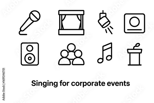 Singing Icon Set. Outline icon set of singing for corporate events: microphone, stage, spotlight, company logo