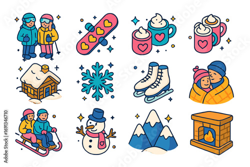 Colorful Isometric Icon Set. Colorful isometric vector icons set of snowy romantic getaways: couple in ski gear, snowboard with