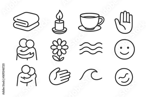 Comfort Gesture Icons. Outline icon set of comfort gestures: blanket, candle flame, tea cup, open palm, hug,