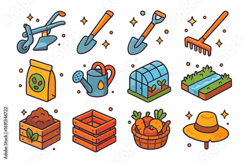 Colorful Agriculture Icons. Colorful isometric vector icons set of agricultural tools and scenes: plow, hoe, shovel, rake, seed