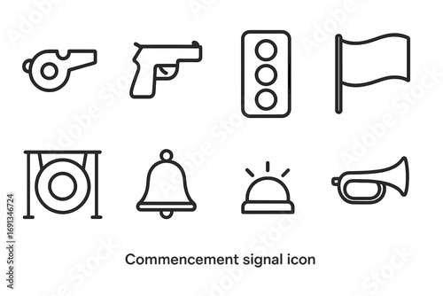Commencement Signal Icons. Outline icon set of commencement signals: whistle, starter pistol, green light, flag wave, gong, bell,