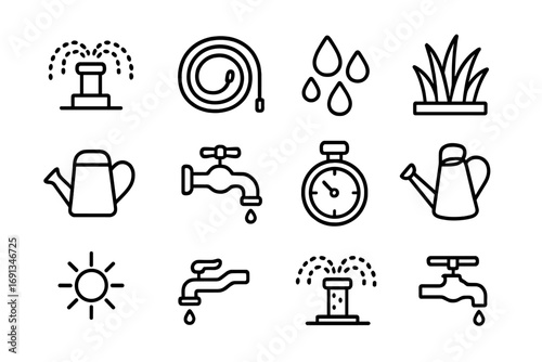 Lawn Care Icon Set. Outline icon set of watering lawn: sprinkler head, garden hose, water droplets, grass