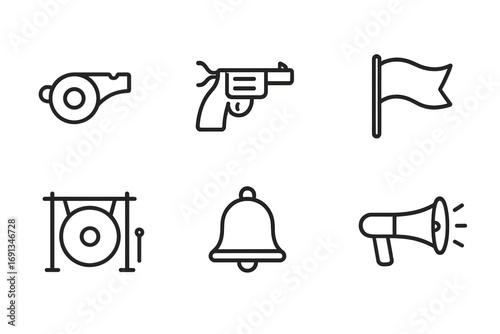 Commencement Signal Icons. Outline icon set of commencement signals: whistle, starter pistol, green light, flag wave, gong, bell,