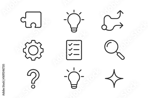 Problem Solving Icons. Outline icon set of problem solving: puzzle piece, light bulb, path arrows, gear,