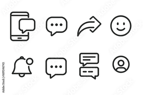 Communication Icon Set. Outline icon set of communication tools: smartphone, laptop, video call, email, chat bubble, microphone,