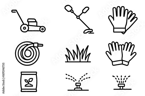 Lawn Care Icons. Outline icon set of lawn maintenance: lawn mower, trimmer, rake, hose, grass patch, gloves,