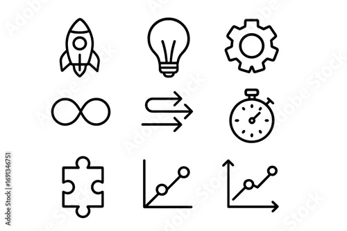 Innovation Icon Set. Outline icon set of innovation and agility: rocket, light bulb, gear, puzzle piece,