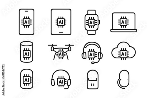 AI Device Icon Set. Outline icon set of smart devices with AI chips: smartphone, tablet, smartwatch, laptop,