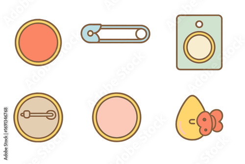 Colorful Badge Buttons. Flat vector mini-illustrations Badge buttons and pins in colors children's illustrations: round pin,