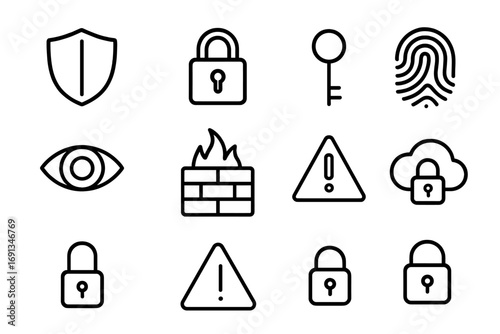 Cybersecurity Icon Set. Outline icon set of cybersecurity: shield, lock, key, fingerprint, eye, firewall,